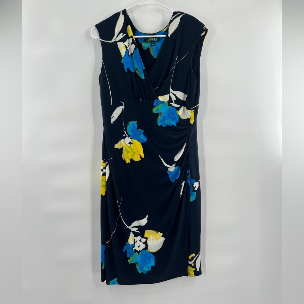 Ralph Lauren Navy Blue Floral Midi Dress with Yellow & Teal Accents